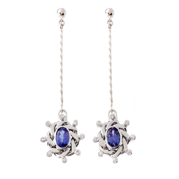 18k White Gold Diamond Oval Tanzanite Pendulum Dangle Earrings