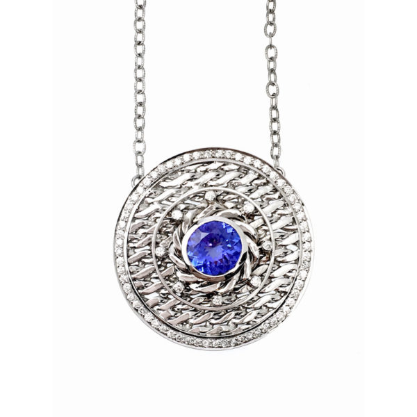 18k White Gold Diamond Rimmed Tanzanite Eclipse Medallion Pendant Necklace