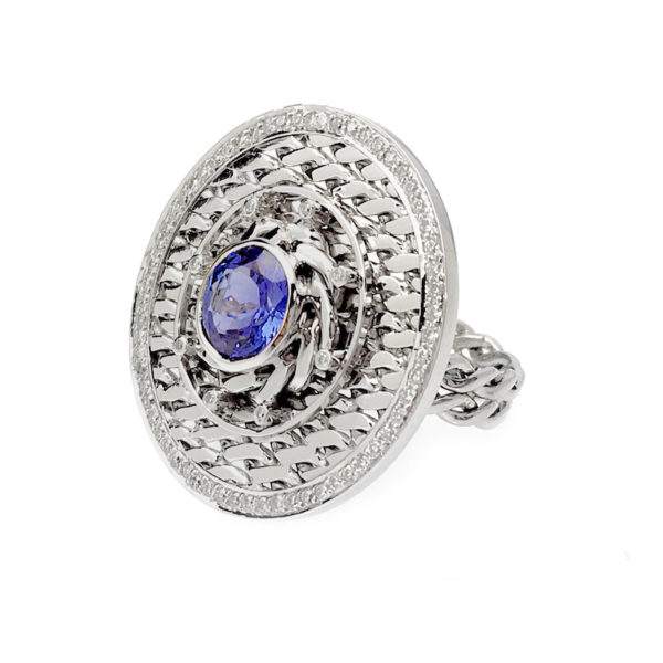 18k White Gold Diamond Rimmed Tanzanite Eclipse Medallion Cocktail Ring