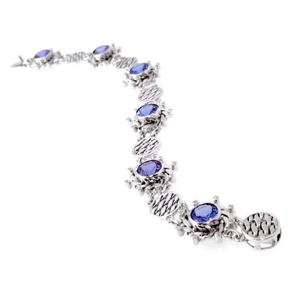 Tanzanite and diamond 18k white gold and textured disc link bracelet
