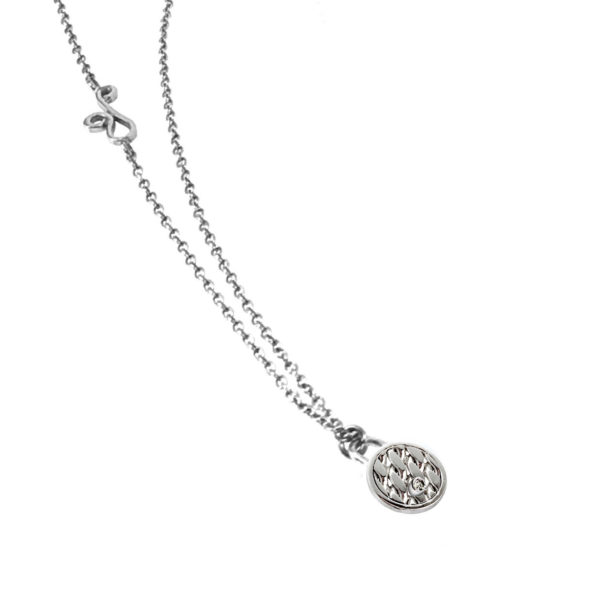 18k White Gold Rimmed Texture Disc Diamond Pendant Necklace