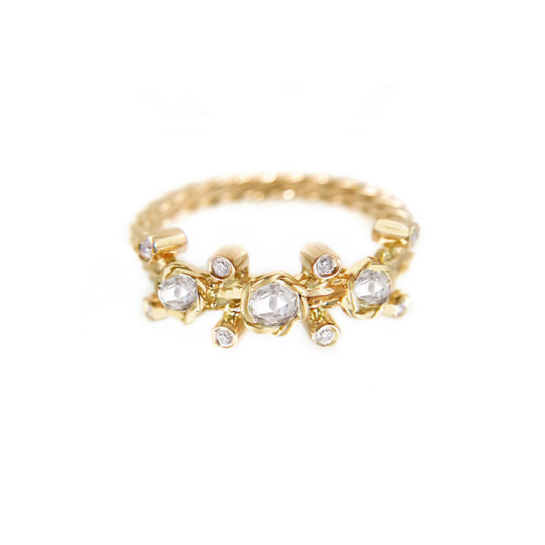 Gold Rose Cut Diamond Twist Bezel Set Three Diamond Ring in 14k and 18k by Jewelyrie