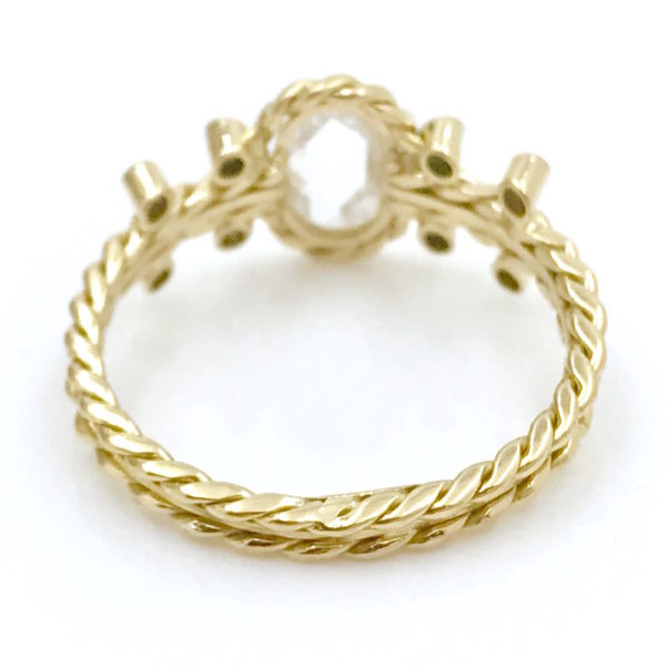 pirouette twist shank 18k gold oval rose cut white diamond engagement ring