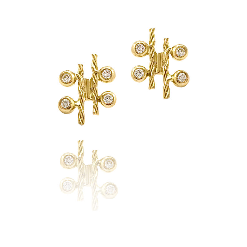18k Gold Diamond Four Star Twist Bar Stud Earrings combine bezel set diamonds with Jewelyrie's signature touch of Pirouette Twist.