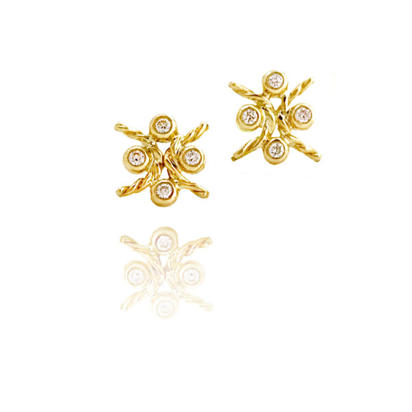 Four Diamond Cluster Studs 18k Gold Earrings with Crossing Twist