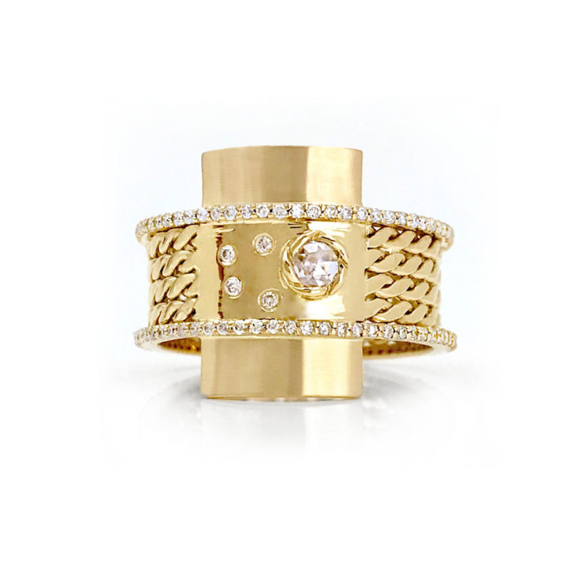 18k Gold Twist Textured Diamond Twin Belt Shield Statement Ring