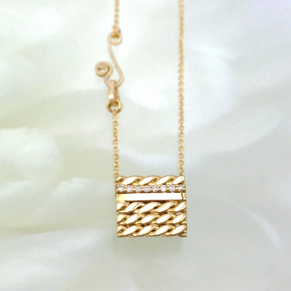 Pave Diamond Line 18k Twist Textured Slider Square Tab Pendant From Efface Collection by Huan Wang