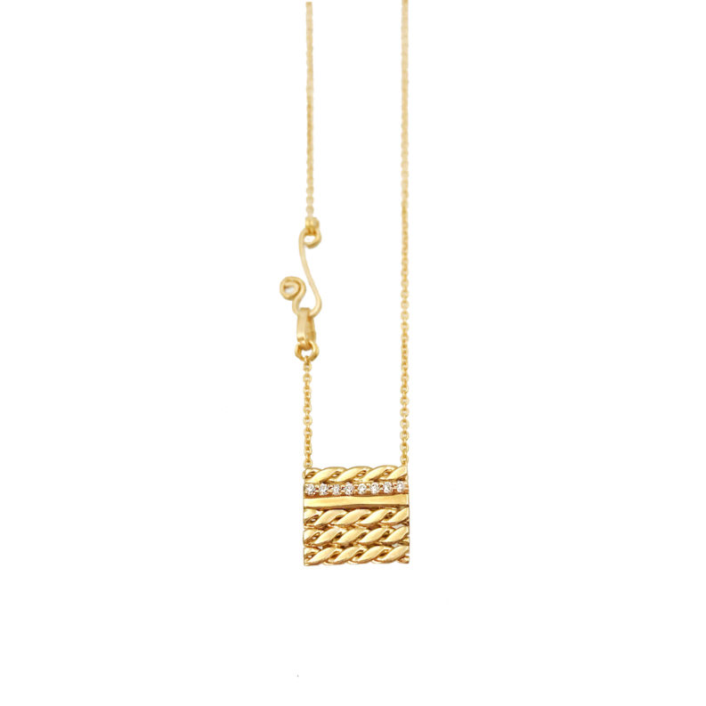 Pave Diamond Line 18k Twist Textured Slider Square Tab Pendant From Efface Collection by Huan Wang