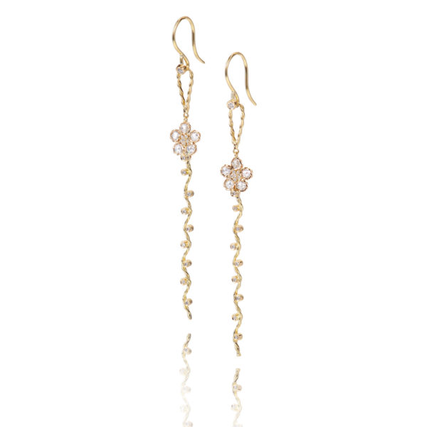 Rose Cut Diamond Floral Wavy Dangle Detachable Convertible Earrings in 18k Yellow Gold by JeweLyrie