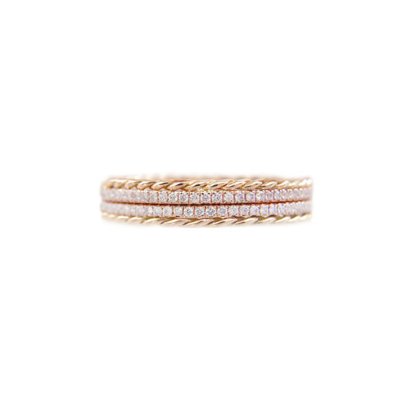 JeweLyrie Signature Slim twist trimmed pave diamond stripe band ring stacking in 14k or 18k with total 0.38 carat of white diamonds