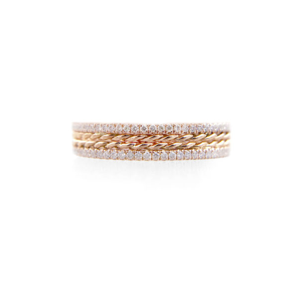 JeweLyrie Signature Slim twist trimmed pave diamond stripe band ring stacking in 14k or 18k with total 0.38 carat of white diamonds