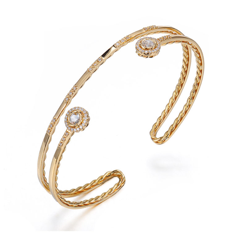 Double Halo Rose Cut Diamond Twist Lined Turn Back Cuff in 14k and 18k with total 0.343ct white diamonds from Allongé collection by JeweLyrie