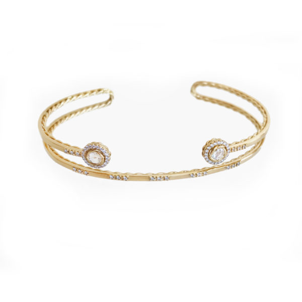 Double Halo Rose Cut Diamond Twist Lined Turn Back Cuff in 14k and 18k with total 0.343ct white diamonds from Allongé collection by JeweLyrie