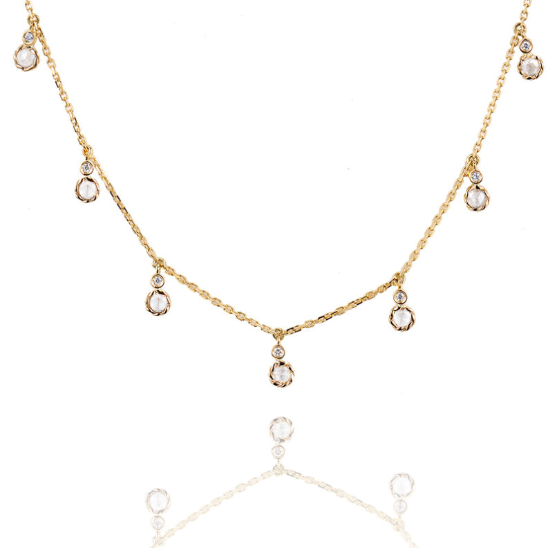 Twist Bezeled Rose Cut Diamond Seven Station 18k Gold Necklace with total 0.465ct white diamonds from Allongé collection by JeweLyrie