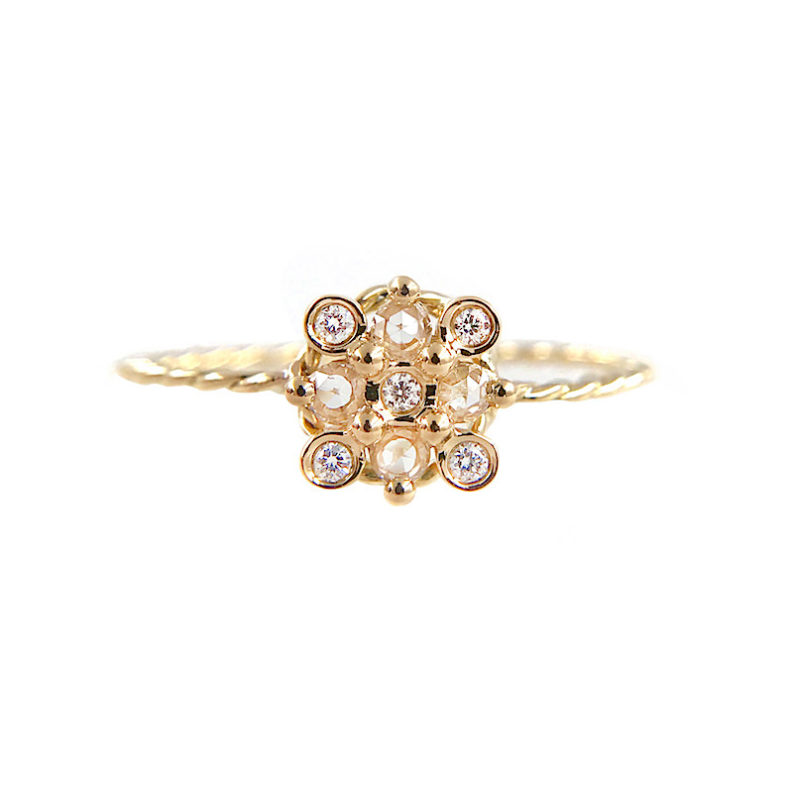 Slim Twist Rose Cut Diamond Square Checker Cluster Gold Ring in 14k and 18k with total 0.175ct white diamonds from Allongé collection by JeweLyrie