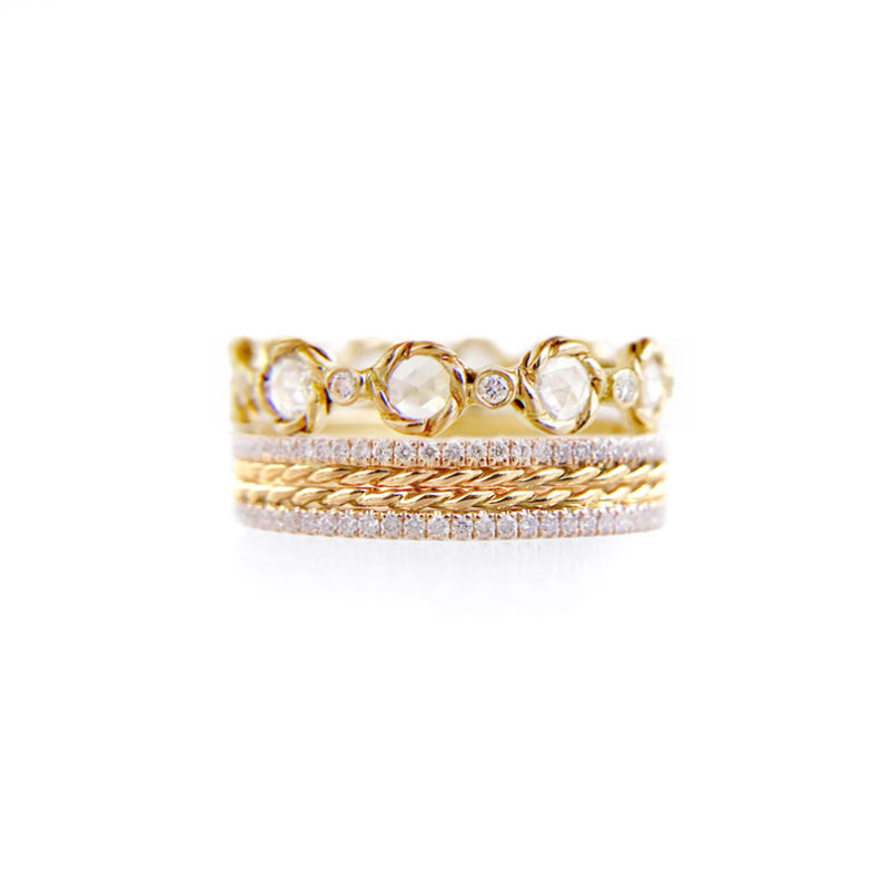 Rose Cut Diamond Twist Setting Stripe Gold Crown Ring Stacking Set with twist trimmed Pavé Diamond Eternity Ring Guards in 14k and 18k
