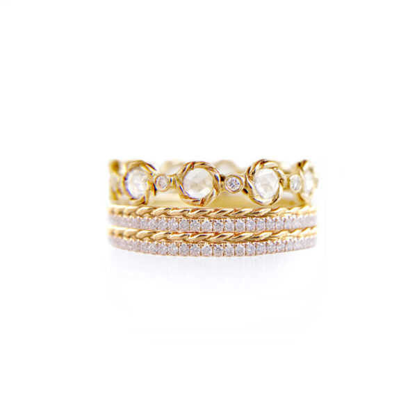 Rose Cut Diamond Twist Setting Stripe Gold Crown Ring Stacking Set with twist trimmed Pavé Diamond Eternity Ring Guards in 14k and 18k