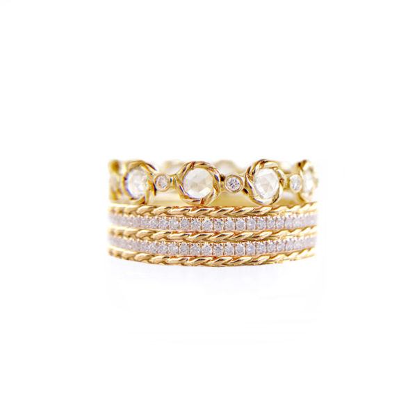 Rose Cut Diamond Eternity Double Pave Stripe Gold Crown Ring Stacking Set with twist trimmed Pavé Diamond Eternity Ring Guards in 14k and 18k