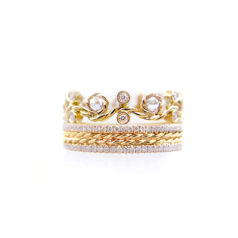 Rose Cut Diamond Twist Vine Pave Stripe Gold Crown Ring Stacking Set with twist trimmed Pavé Diamond Eternity Ring Guards in 14k and 18k