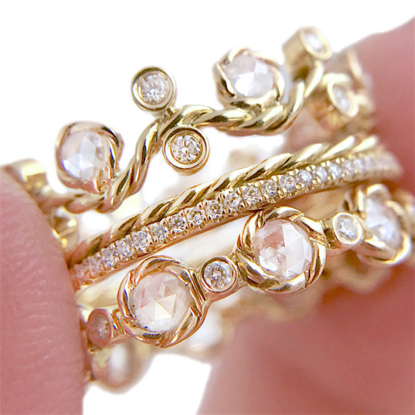 Rose Cut Diamond Wavy Twist Vine Eternity Gold Crown Ring Stacking Set of three with total 1.446 carat white diamonds in 14k and 18k by JeweLyrie