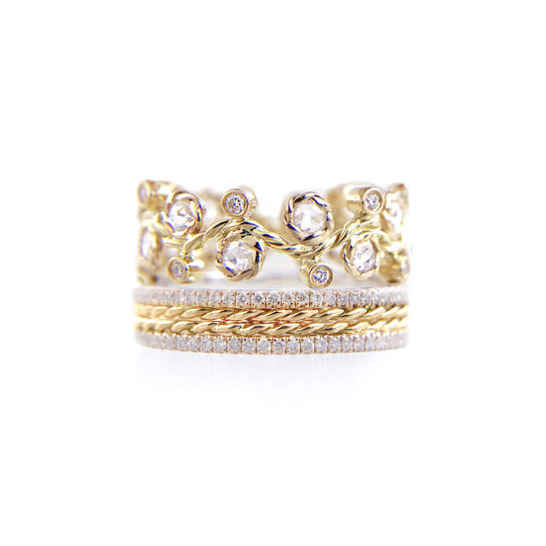 Alternate Rose Cut Diamond Twist Pave Stripe Gold Crown Ring Stacking Set with twist trimmed Pavé Diamond Eternity Ring Guards in 14k and 18k