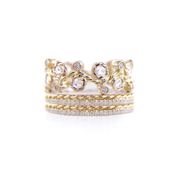 Alternate Rose Cut Diamond Twist Pave Stripe Gold Crown Ring Stacking Set with twist trimmed Pavé Diamond Eternity Ring Guards in 14k and 18k
