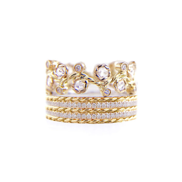 Alternate Rose Cut Diamond Double Pave Stripe Gold Crown Ring Stacking Set with twist trimmed Pavé Diamond Eternity Ring Guards in 14k and 18k