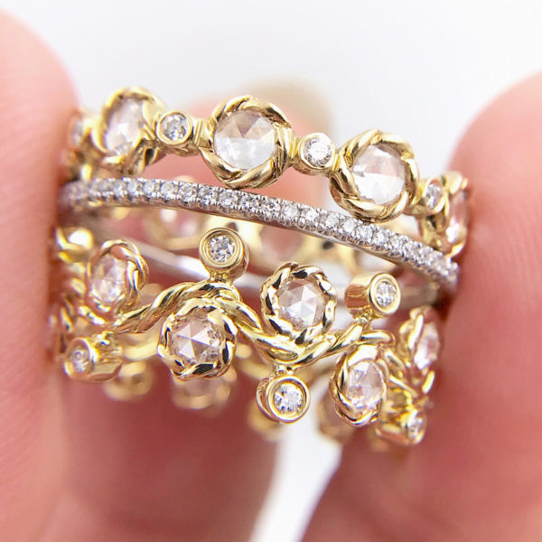 Alternate Rose Cut Diamond Wavy Twist Eternity Gold Crown Ring Stacking Set of three with total 1.672 carat white diamonds in 14k and 18k by JeweLyrie
