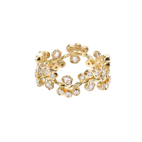 7mm Wavy Twist Alternate Rose Cut Diamond Cluster Bloom Gold Ring Stackable in 14k and 18k from Glissade stacking band by JeweLyrie.