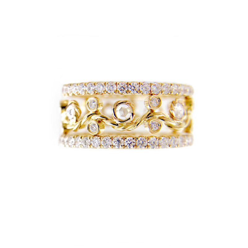 Twist Open Lacey Rose Cut Pave Diamond Eternity 9mm Ring Stacking Set with total 1.606 carat white diamonds in 14k and 18k by JeweLyrie