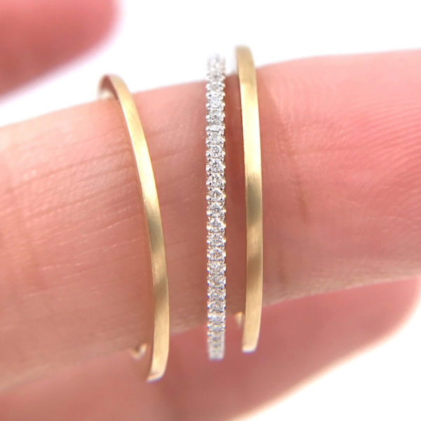 Slim Chic 1mm Satin Gold Band Ring Guard Spacer makes statement from subtle to dashing, available in 14k and 18k, yellow, white and rose gold by JeweLyrie.