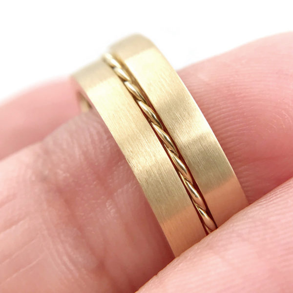 Chic square 3mm Satin Gold Band Ring Guard Spacer makes statement from subtle to dashing, available in 14k and 18k gold by JeweLyrie.
