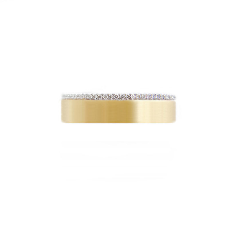 JeweLyrie Signature 5mm Slim Pave Diamond Satin Square Band Two Ring Stacking in 14k or 18k with total 0.19 carat of white diamonds
