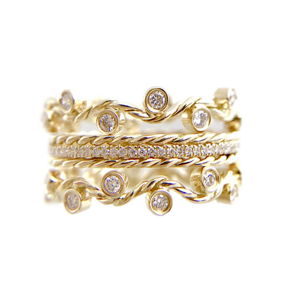 Double Twist Trimmed Pavé Diamond Eternity Band Ring Guard available in 14k and 18k, yellow, white and rose gold by JeweLyrie.
