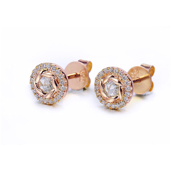 Signature Twist Bezel Rose Cut Diamond Halo Stud Gold Earrings In 14k 18k by JeweLyrie