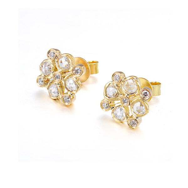 Signature Twist Bezel Rose Cut Diamond Checker Stud Gold Earrings In 14k 18k by JeweLyrie
