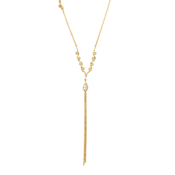 Pear Rose Cut Diamond Drop Chain Tassel Wavy Twist Triangle Pendant Y Necklace In 14k and 18k Gold By JeweLyrie