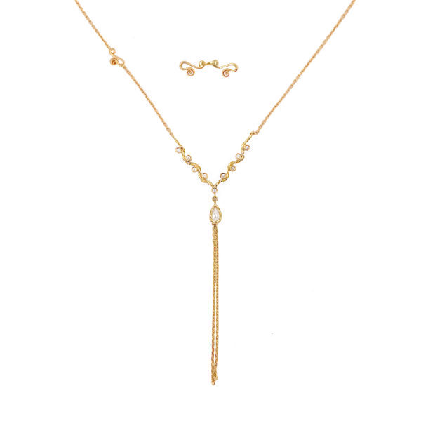 Pear Rose Cut Diamond Drop Chain Tassel Wavy Twist Triangle Pendant Y Necklace In 14k and 18k Gold By JeweLyrie