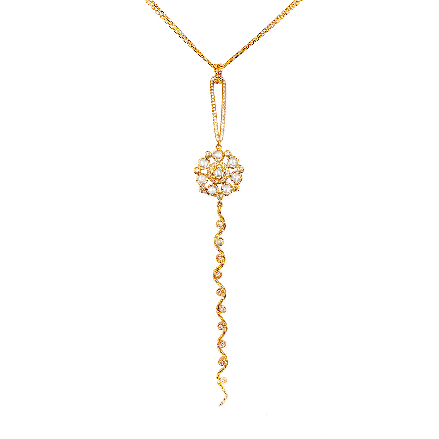 77 79-Rose-Cut-Diamond-Bouquet-Wavy-Twist-Ribbon-Pavé-Loop-Pendant-Necklace-18K-Gold-JeweLyrie_ALGPCH-06L