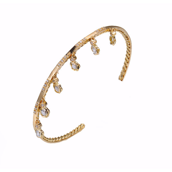 Twist Lined Rose Cut Diamond 6 Station Dangle Tassel Stackable Open Gold Cuff in 14k and 18k with total 0.902ct white diamonds by JeweLyrie