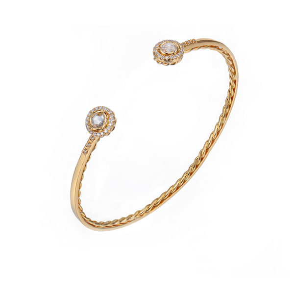 Double Halo Rose Cut Diamond Twist Lined Open Gold Cuff in 14k and 18k with total 0.343ct white diamonds from Allongé collection by JeweLyrie