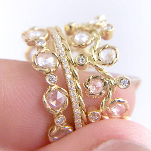 7mm Wavy Twist Alternate Rose Cut Diamond Stacking Eternity Gold Ring in 14k and 18k from Glissade stacking band by JeweLyrie.