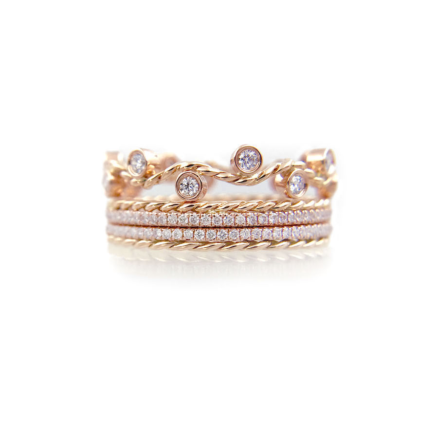 JeweLyrie Signature Wavy Twist ENLACE CHIC SHEEN Gold Crown Ring Stacking Set with double twist trimmed Pavé Diamond Eternity Ring Guards in 14k and 18k.