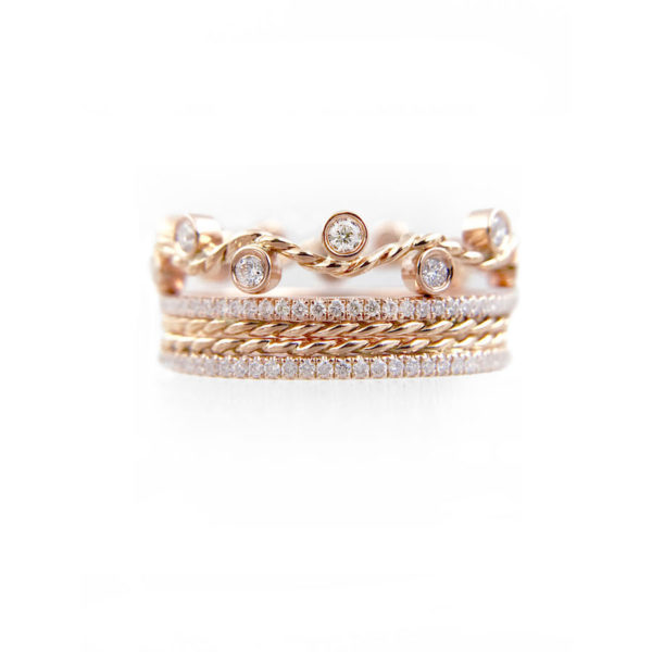 Wavy Twist Scattered Diamond Stripe Gold Crown Ring Stacking Set with double twist trimmed Pavé Diamond Eternity Ring Guards in 14k and 18k in 14k and 18k.