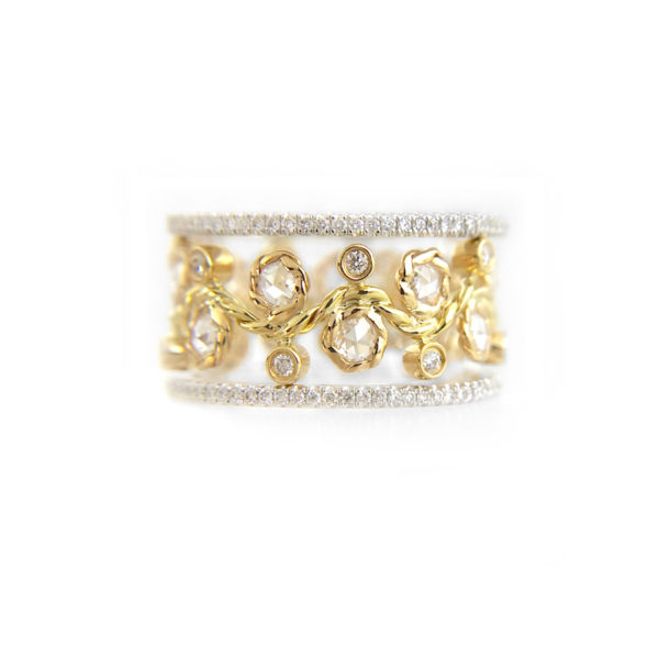 7mm Wavy Twist Alternate Rose Cut Diamond Stacking Eternity Gold Ring in 14k and 18k from Glissade stacking band by JeweLyrie.
