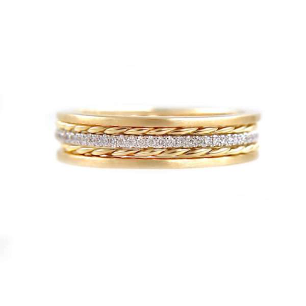4.6mm Pave Diamond Twist Square Satin Stripe Band Three Ring Stacking in 14k or 18k with total 0.19 carat of white diamonds