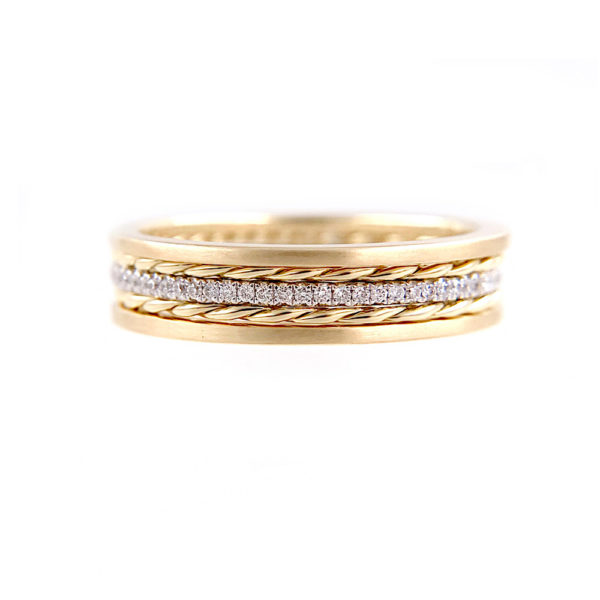 4.6mm Pave Diamond Twist Square Satin Stripe Band Three Ring Stacking in 14k or 18k with total 0.19 carat of white diamonds