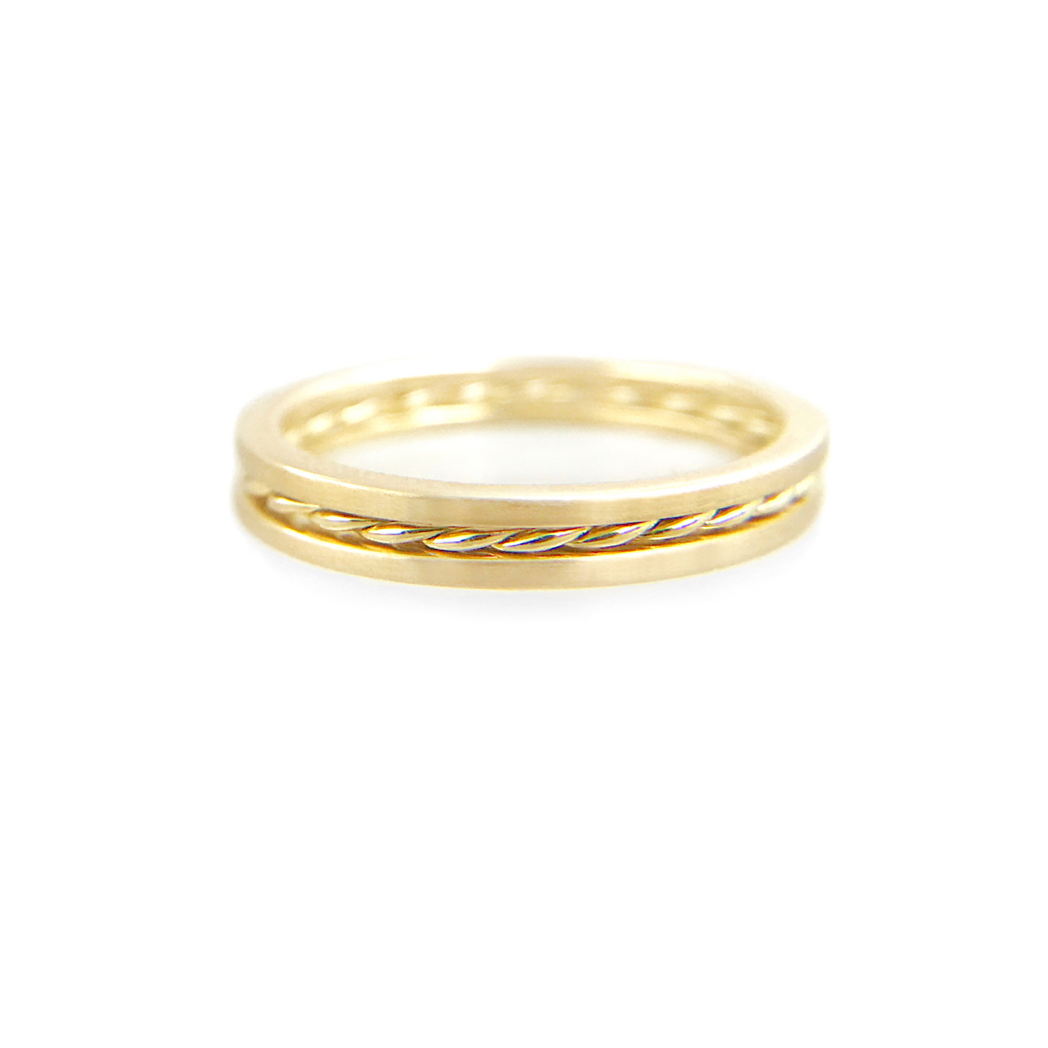 JeweLyrie Signature Slim Twist Satin Stripe Band Three Ring Stacking with stripe of Satin band and slim twist in 14k or 18k