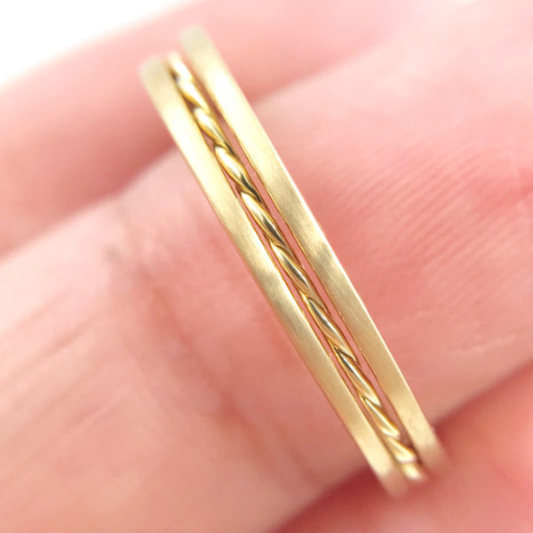JeweLyrie Signature Slim Twist Satin Stripe Band Three Ring Stacking with stripe of Satin band and slim twist in 14k or 18k