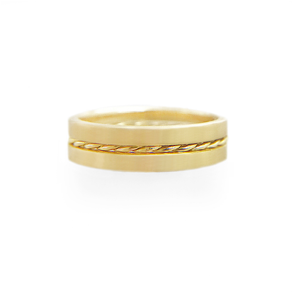 JeweLyrie Signature 4.8mm Slim Twist Satin Stripe Band Three Ring Stacking with stripe of Satin band and slim twist in 14k or 18k.